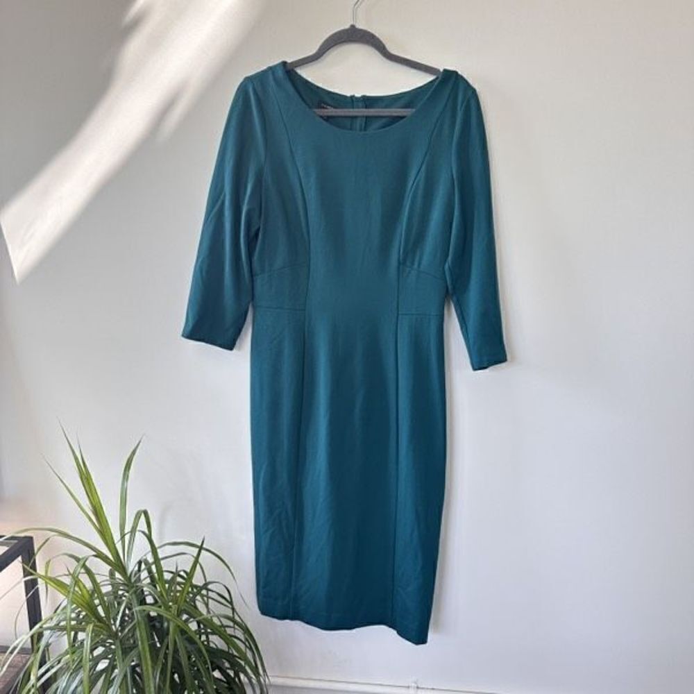 Talbots Women's Teal Knit Dress 3/4 Sleeve Career Exposed Zipper Size 10